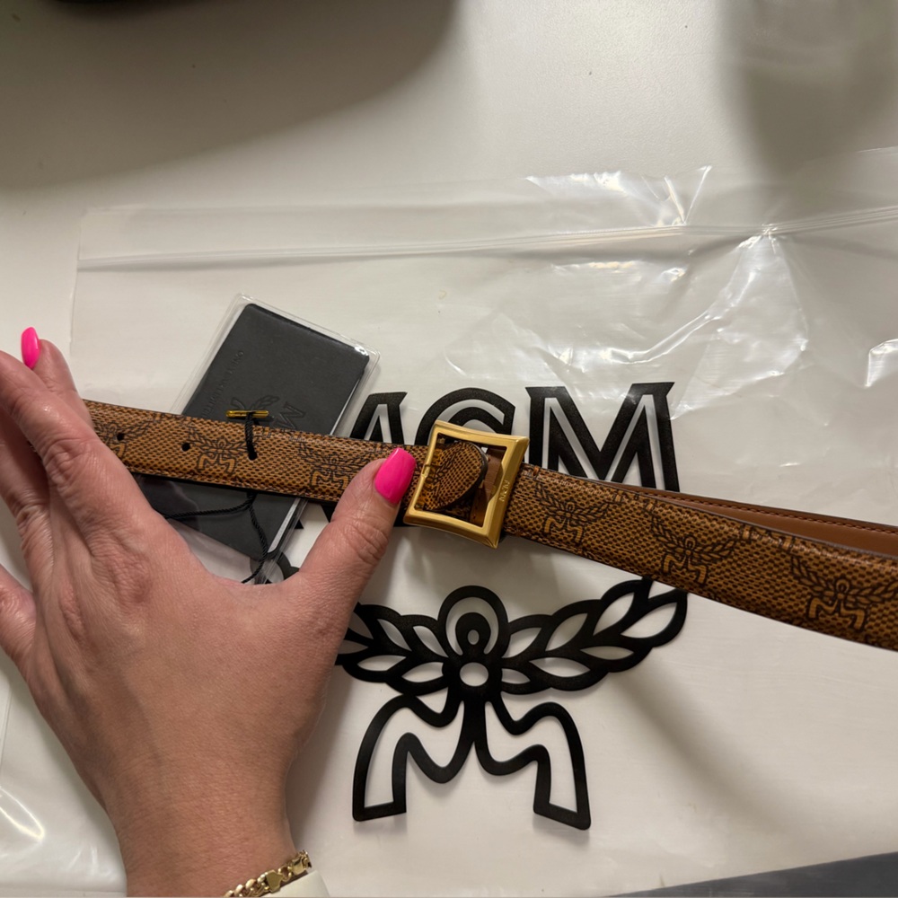 MCM Brown Leather Belt with Gold Buckle